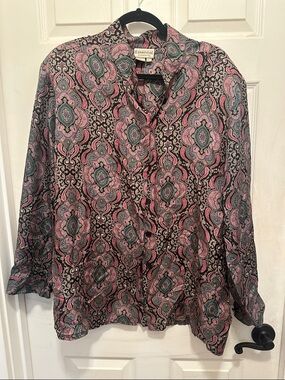 Essential Elements Vintage 80s Silk Paisley Button Front Blouse in Pink & Teal